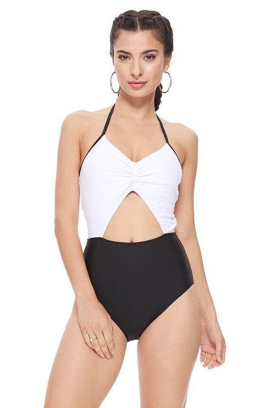 Color Block Cutout One Piece Swimsuit - Bella Sevyn