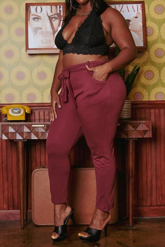 Plus Size High Waist Belted Pants - Bella Sevyn