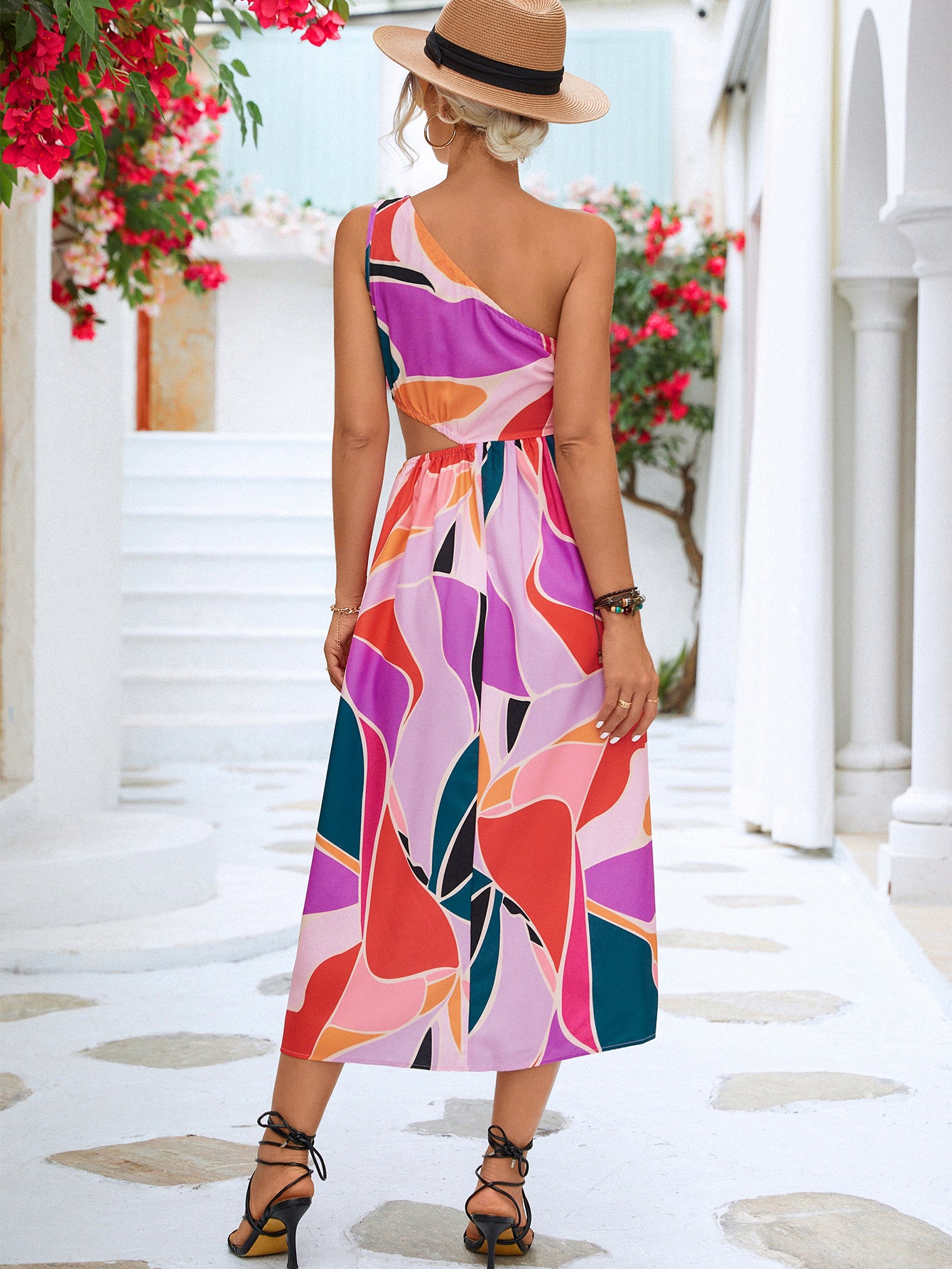 Geo Printed One-Shoulder Cutout Sleeveless Dress - Bella Sevyn