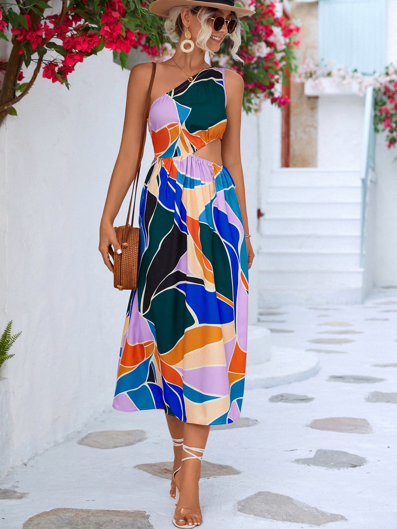 Geo Printed One-Shoulder Cutout Sleeveless Dress - Bella Sevyn