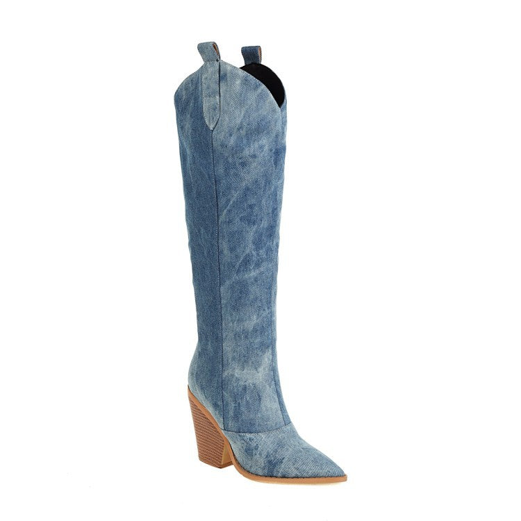 Pointed Toe Denim High-Heeled Boots - Bella Sevyn