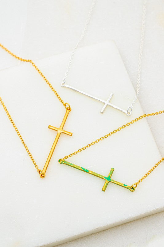 Hammered Sideways Cross Necklace - Bella Sevyn