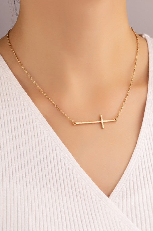 Hammered Sideways Cross Necklace - Bella Sevyn