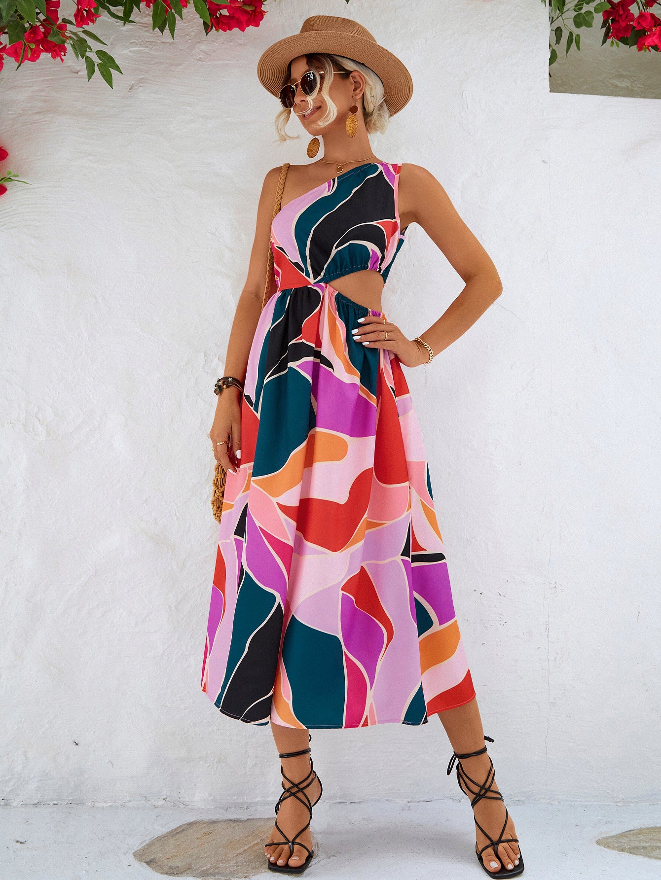 Geo Printed One-Shoulder Cutout Sleeveless Dress - Bella Sevyn